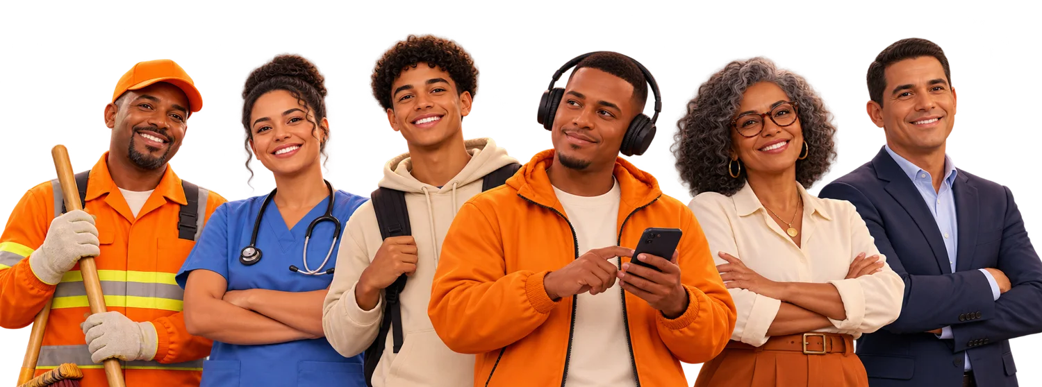 Personagens brasileiros fictícios: gari, profissional da saúde, estudante, ouvinte com celular, empreendedora e gestor público